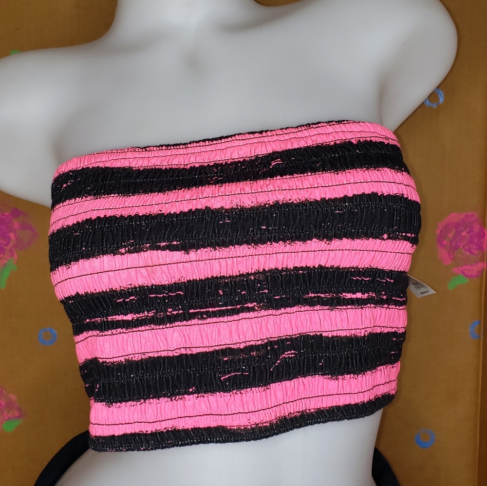 NEW NEON HOT PINK BLACK STRIPED TUBE TOP JUNIOR'S SIZE XL - Picture 2 of 8